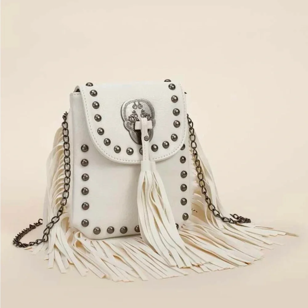 Beige Mini Tassel and Studded Chain Crossbody Bag - Picture 3 of 6